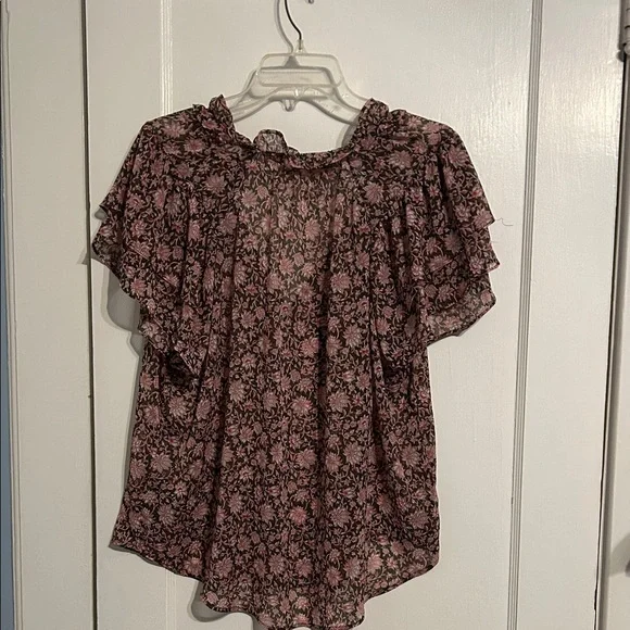 Anthropologie Floral Brown Blouse with Flutter Sleeves Size XL - Picture 4 of 8